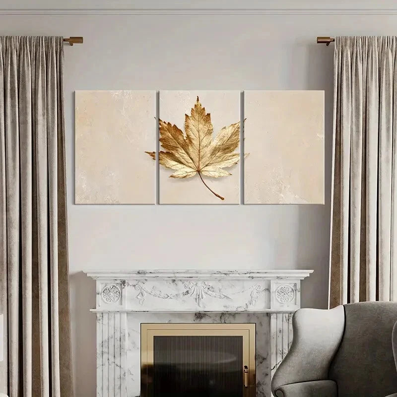 3pcs Golden Maple Leaf Art Elegant Poster Metal Print Ready to Hang Art - Bella Home Decor