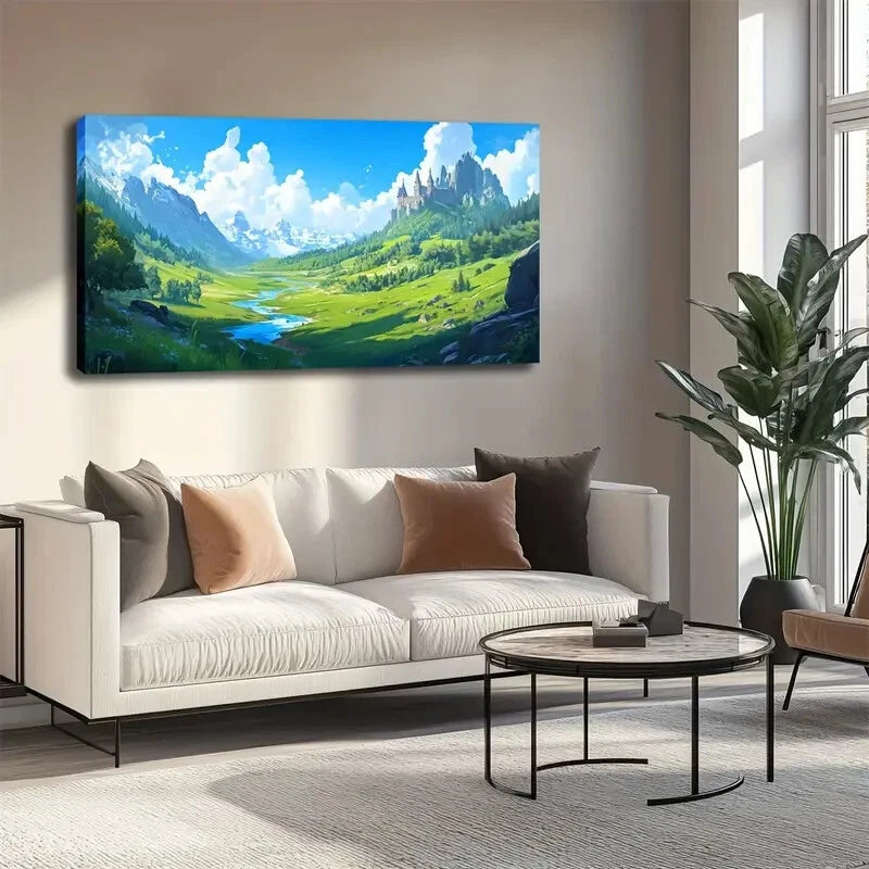 Serene Green Valley & River Wall Art canvas office home room framed 120x60cm - Bella Home Decor