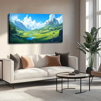 Serene Green Valley & River Wall Art canvas office home room framed 120x60cm - Bella Home Decor