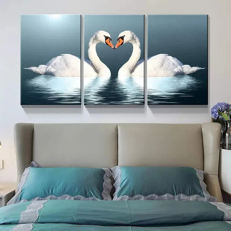 3pcs   Romantic Heart-Shaped Swans Metal Print Ready to Hang Art