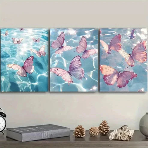 3pcs Featuring Multiple Pink Butterflies Wall Art Canvas Unframed - High Quality Print 100% Australian Made Wall Canvas