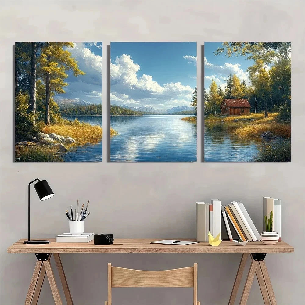 3pcs Faribault Beautiful Lake Painting Metal Print Ready to Hang Art - Bella Home Decor