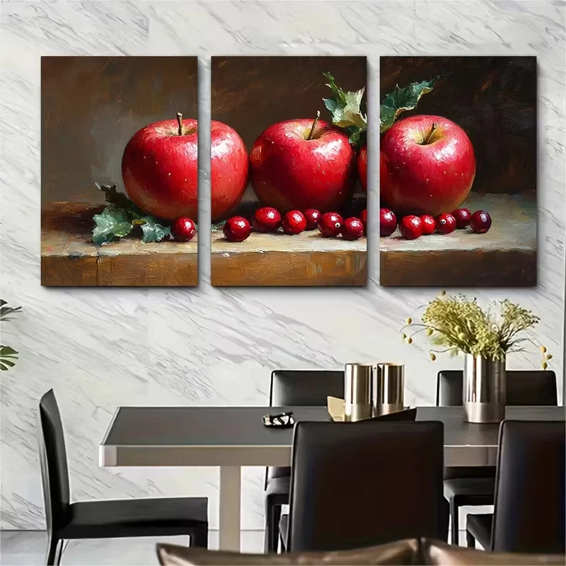 3pcs Still Life Red Apple and Cranberries Metal Print Ready to Hang Art
