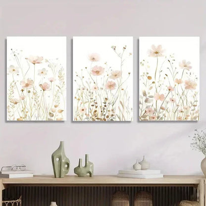 3pcs Soft Pink and Golden Wildflower Wall Art Canvas Unframed - High Quality Print 100% Australian Made Wall Canvas