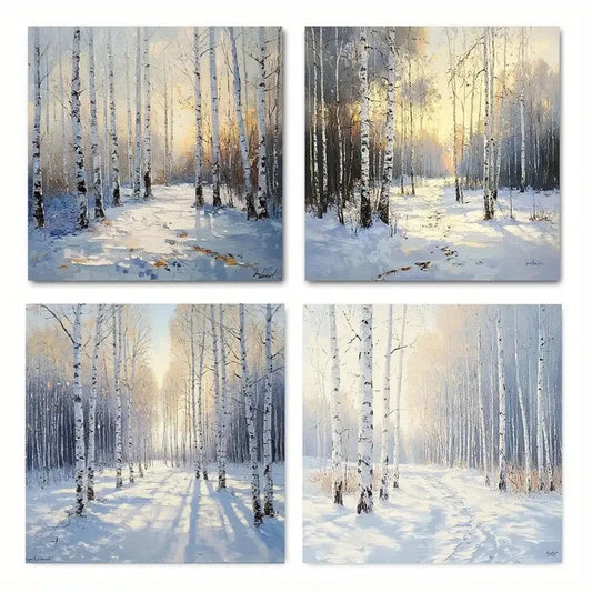 4pcs Sunrise Birch Tree Forest Scenery Wall Art Canvas Framed