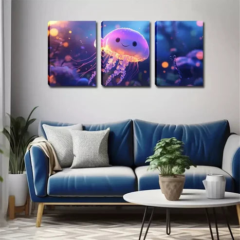 3pcs A Cute Magic Jellyfish Wall Art Set Canvas Framed 60x90cm - High Quality Print 100% Australian Made Wall Canvas Ready to Hang