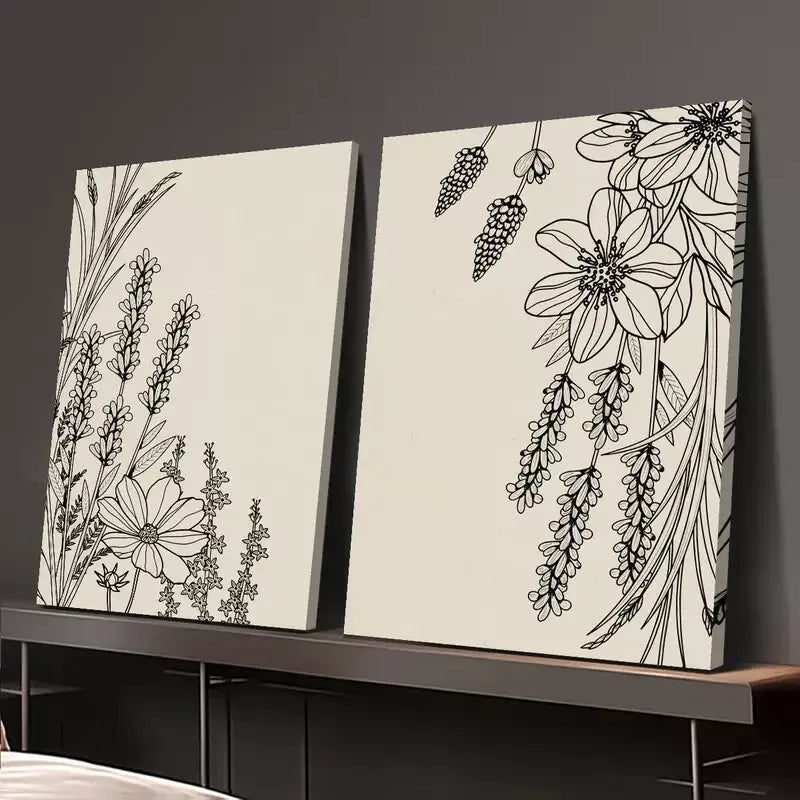 2pcs lack Abstract Line Plant & Flower, Minimalist Art Canvas Framed 50x75cm - High Quality Print 100% Australian Made Wall Canvas Ready to Hang - Bella Home Decor