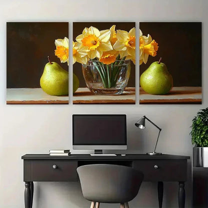 3pcs Daffodil Flowers In a Glass Cup with Pears Wall Art Canvas Unframed – High Quality Print 100% Australian Made Wall Canvas - Bella Home Decor
