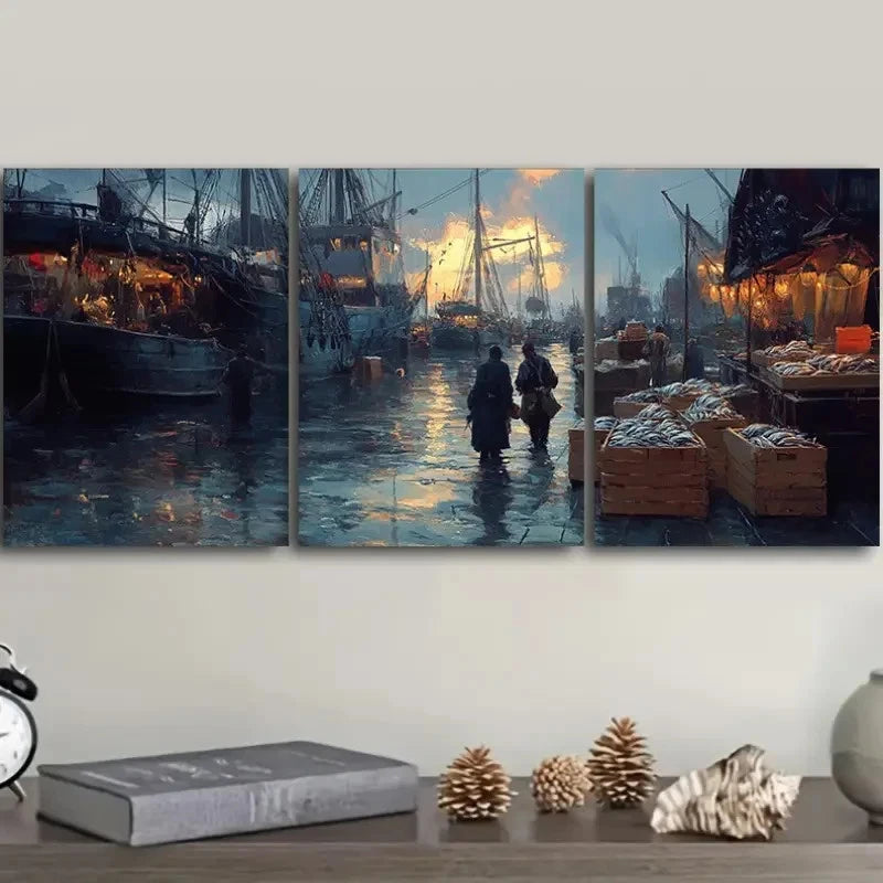 3pcs Depicting a Lively Harbor Scene Painting Metal Print Ready to Hang Art - Bella Home Decor