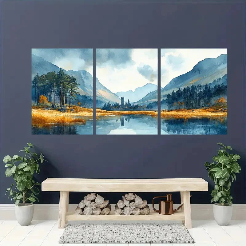 3pcs Wicklow Mountains Landscape Watercolor Art Metal Print Ready to Hang Art - Bella Home Decor
