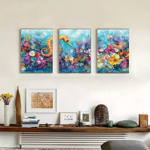 3pcs Seahorse in Ocean Triptych  Art Set Canvas Unframed - High Quality Print 100% Australian Made Wall Canvas - Bella Home Decor