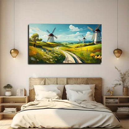 Leisurely Sky Windmills Road Wall Art Ccanvas Office Home Room Framed 120x60cm