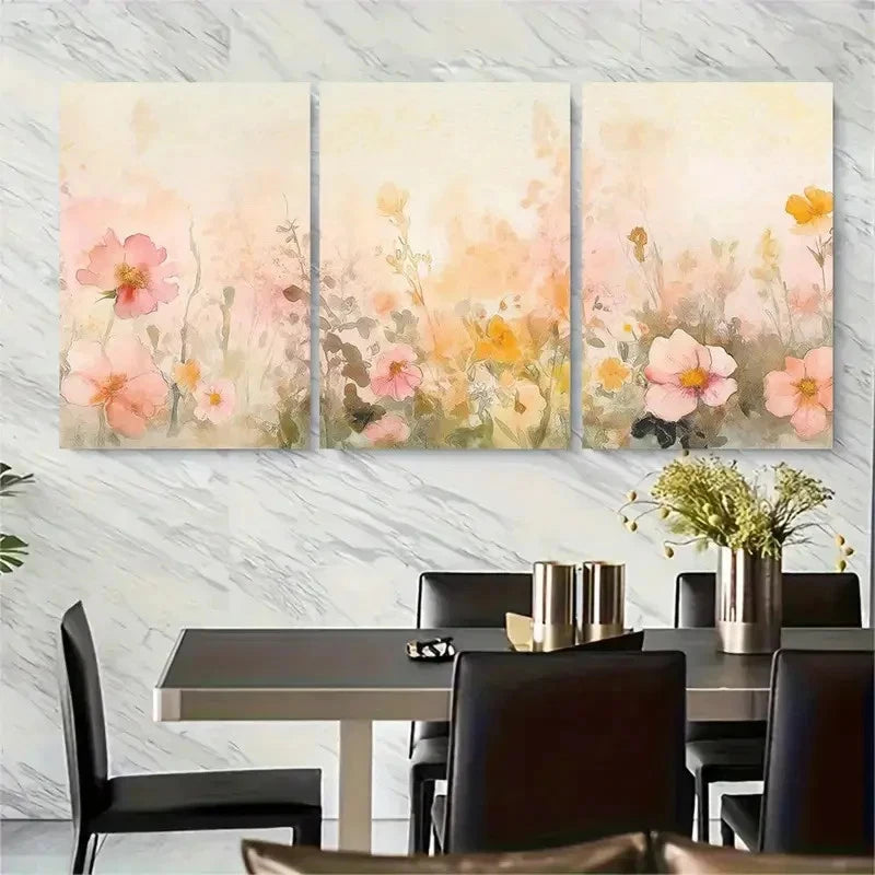 3pcs Soft Pinks and Yellows Dreamy Meadow Landscap Metal Print Ready to Hang Art