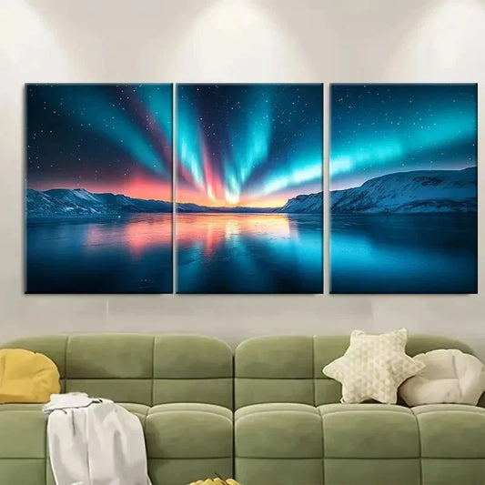 3pcs Aurora Borealis Snow Landscape EI  Wall Art Set Canvas Framed 50x70cm - High Quality Print 100% Australian Made Wall Canvas Ready to Hang