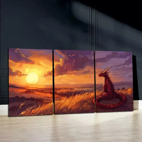 3pcs A Young Dragon Watching The Sunset Art Set Canvas Unframed - High Quality Print 100% Australian Made Wall Canvas