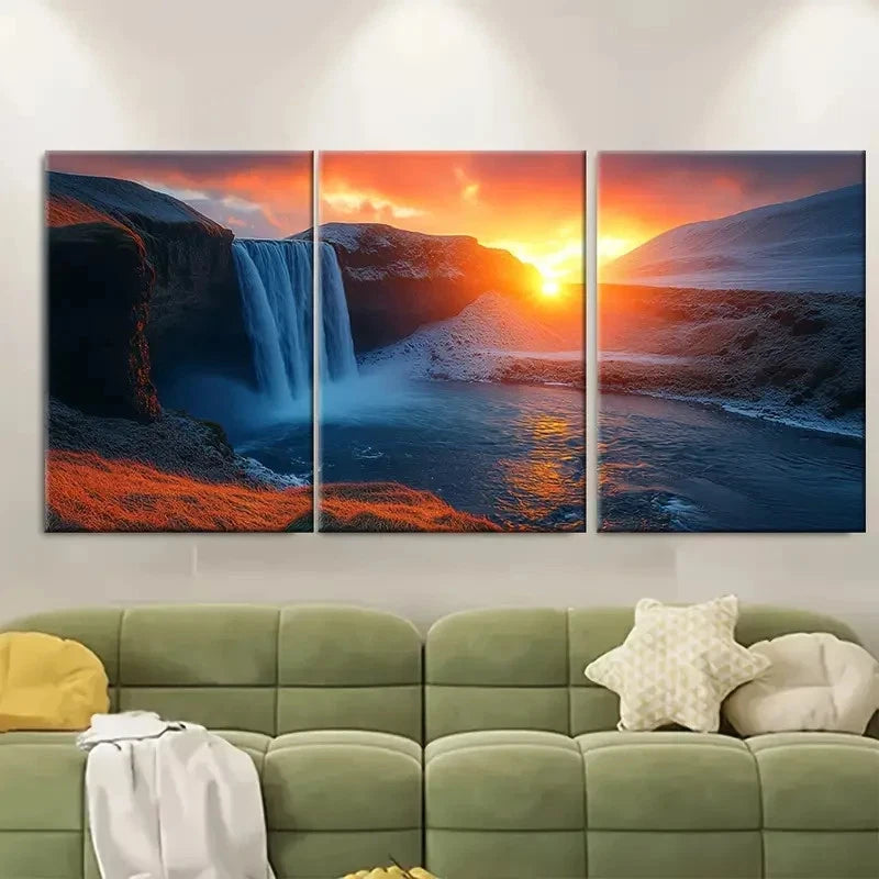 3pcs Godafoss Waterfall Sunset Metal Print Ready to Hang Art - Bella Home Decor