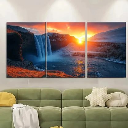 3pcs Godafoss Waterfall Sunset Metal Print Ready to Hang Art - Bella Home Decor