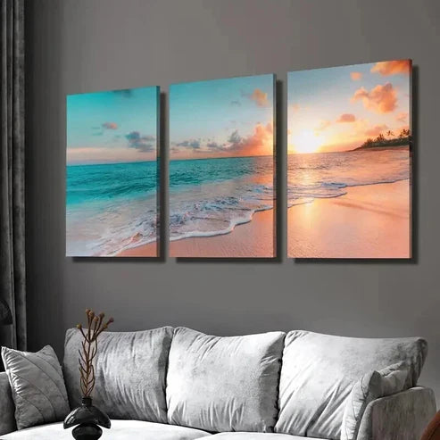 3pcs Sunrise Coast Beach Blue Sea Scenery Wall Art Set Canvas Unframed - High Quality Print 100% Australian Made Wall Canvas