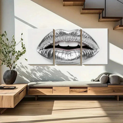 3pcs Silvery Metallic Lips Art Glamorous Design Metal Print Ready to Hang Art - Bella Home Decor
