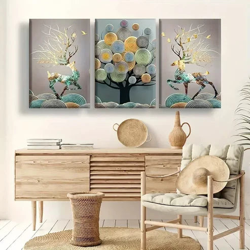 3pcs Abstract Chinese Feng Shui Golden Rich Tree Wall Art Set Canvas Unframed - High Quality Print 100% Australian Made Wall Canvas - Bella Home Decor