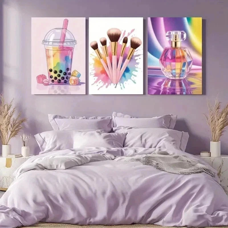 3pcs Bubble Tea, Makeup Brushes, Perfume     Wall Art Set Canvas Framed 40x60cm - High Quality Print 100% Australian Made Wall Canvas Ready to Hang - Bella Home Decor