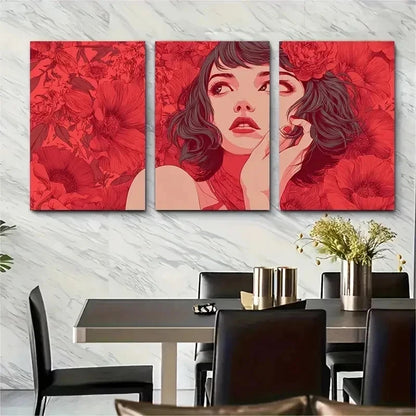 3pcs Very Demure & Mindful Red Floral Perfect Wall Art Set Canvas Framed 50x70cm - High Quality Print 100% Australian Made Wall Canvas Ready to Hang