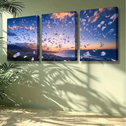 3pcs Sunset in Cape Town & White Feathers Wall Art Canvas Unframed - High Quality Print 100% Australian Made Wall Canvas