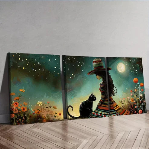 3pcs The Woman Is Next To The Cat Wall Art Canvas Unframed - High Quality Print 100% Australian Made Wall Canvas