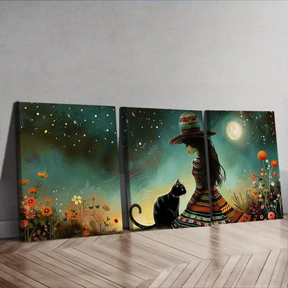 3pcs The Woman Is Next To The Cat Wall Art Canvas Unframed - High Quality Print 100% Australian Made Wall Canvas