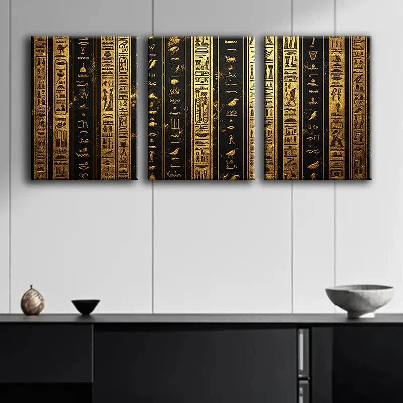3pcs Golden Egyptian Hieroglyphics Metal Print Ready to Hang Art - Bella Home Decor
