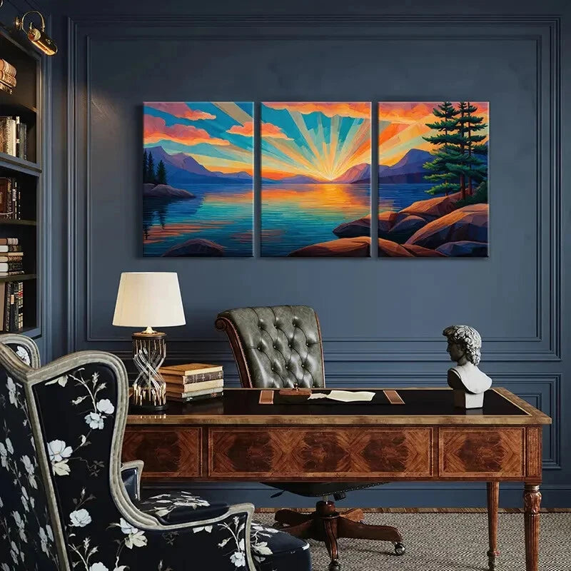 3pcs Sunset Over Lake Mountain Landscape Metal Print Ready to Hang Art - Bella Home Decor