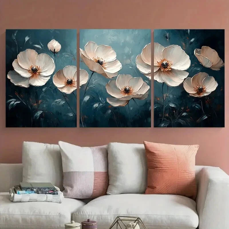 3pcs White Floral Abstract Modern Textured Metal Print Ready to Hang Art - Bella Home Decor