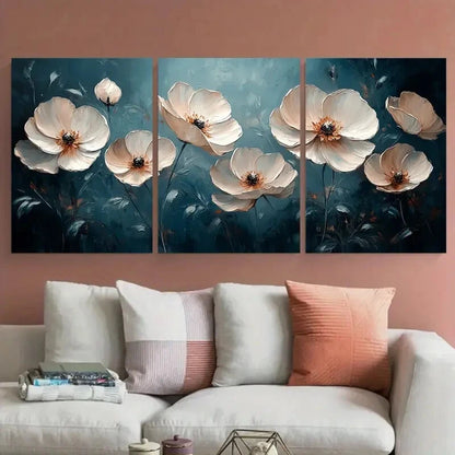 3pcs White Floral Abstract Modern Textured Metal Print Ready to Hang Art - Bella Home Decor