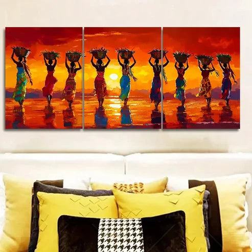 3pcs African Women Carrying Plates Wall Art Set Canvas Unframed - High Quality Print 100% Australian Made Wall Canvas - Bella Home Decor