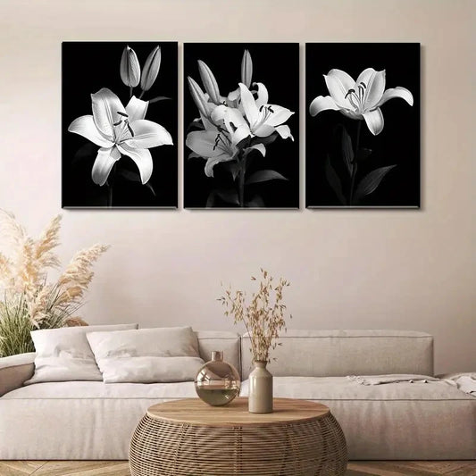 3pcs Black and White Lily Triptych Wall Art Set Canvas Framed 40x60cm - High Quality Print 100% Australian Made Wall Canvas Ready to Hang