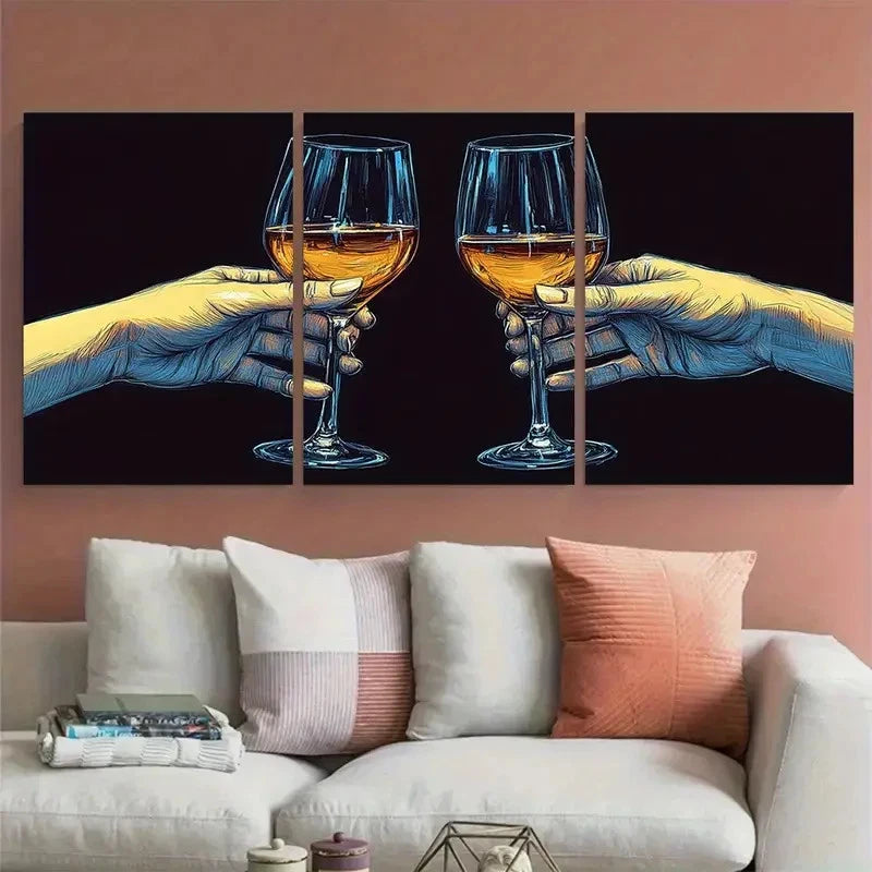 3pcs Minimalist Line Drawing Hands Cheers Wine Metal Print Ready to Hang Art