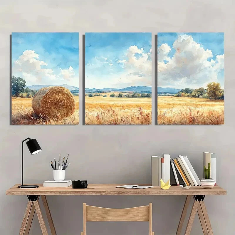 3pcs Rustic Watercolor Haystacks Art Print Metal Print Ready to Hang Art