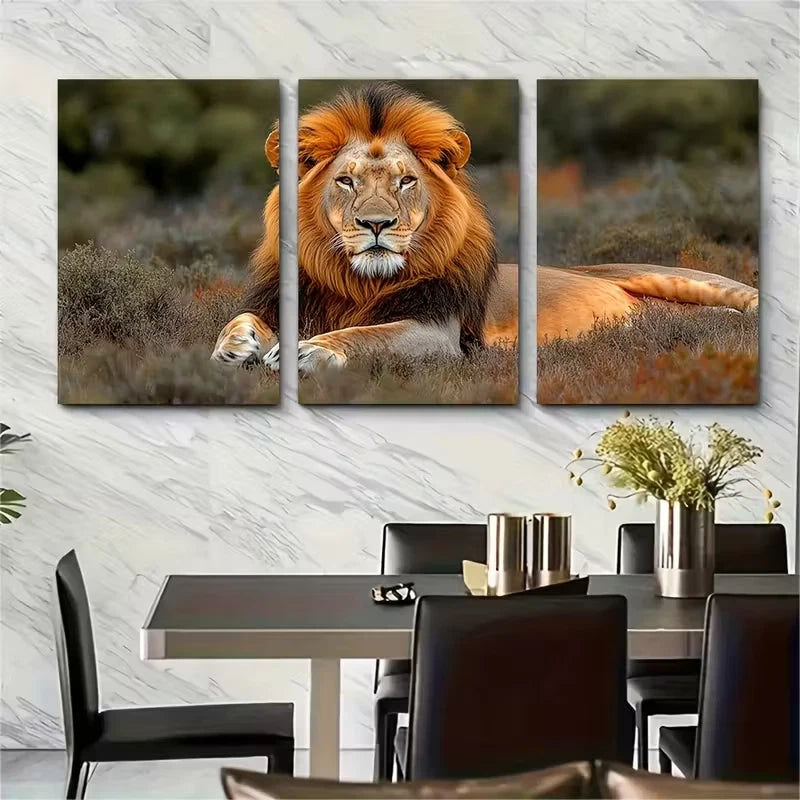 3pcs Vivid Lion Design with Bushy Mane Metal Print Ready to Hang Art