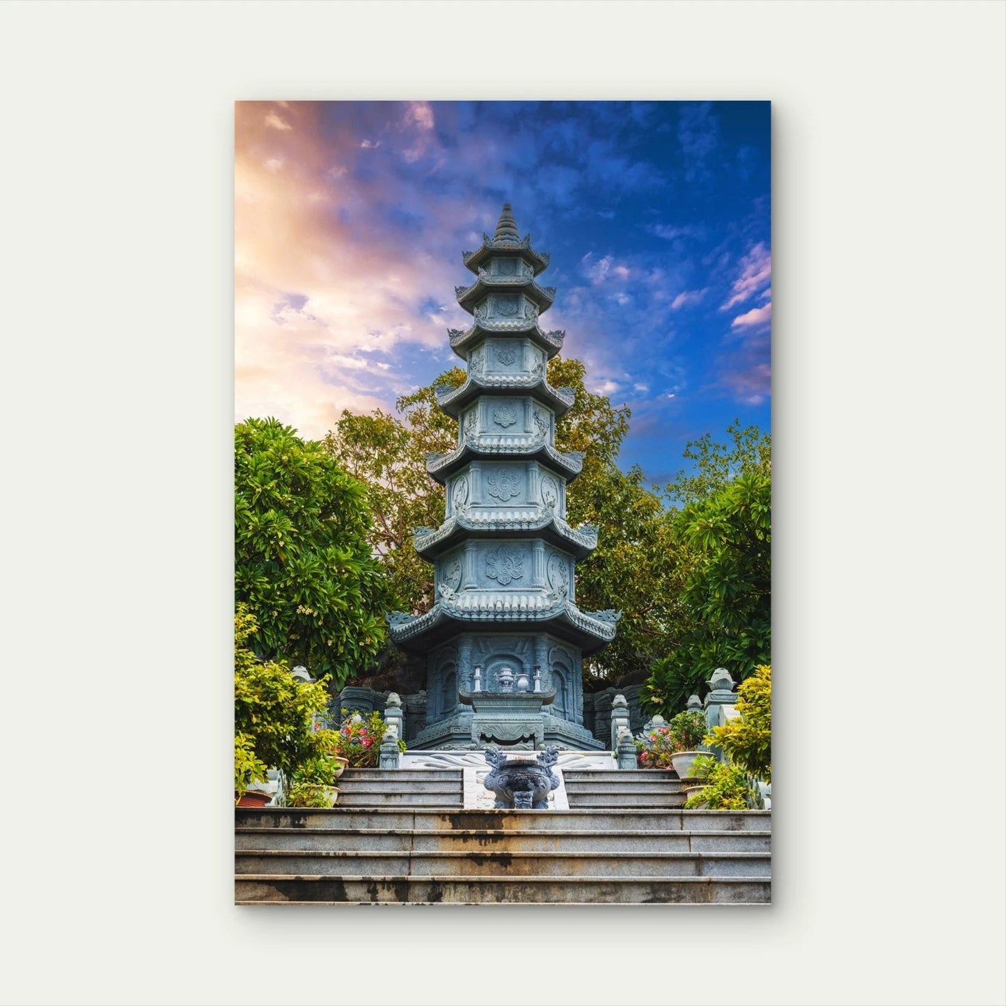 Vibrant Twilight Stone Temple Pagoda 40x60cm Metal Print Ready to Hang