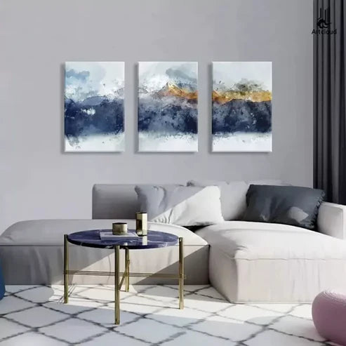 3pcs Blue & Gold Abstract Mountains Wall Art Canvas Unframed - High Quality Print 100% Australian Made Wall Canvas - Bella Home Decor