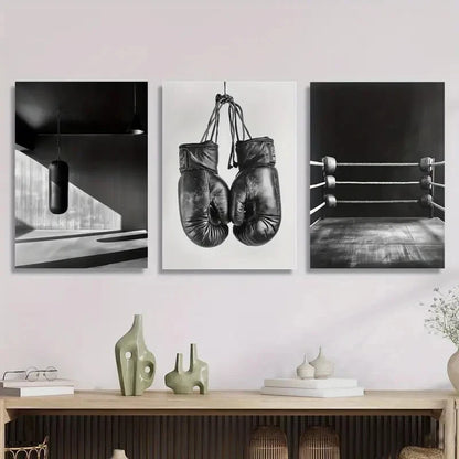 3pcs Vintage Dark Boxing, Black And White Metal Print Ready to Hang Art