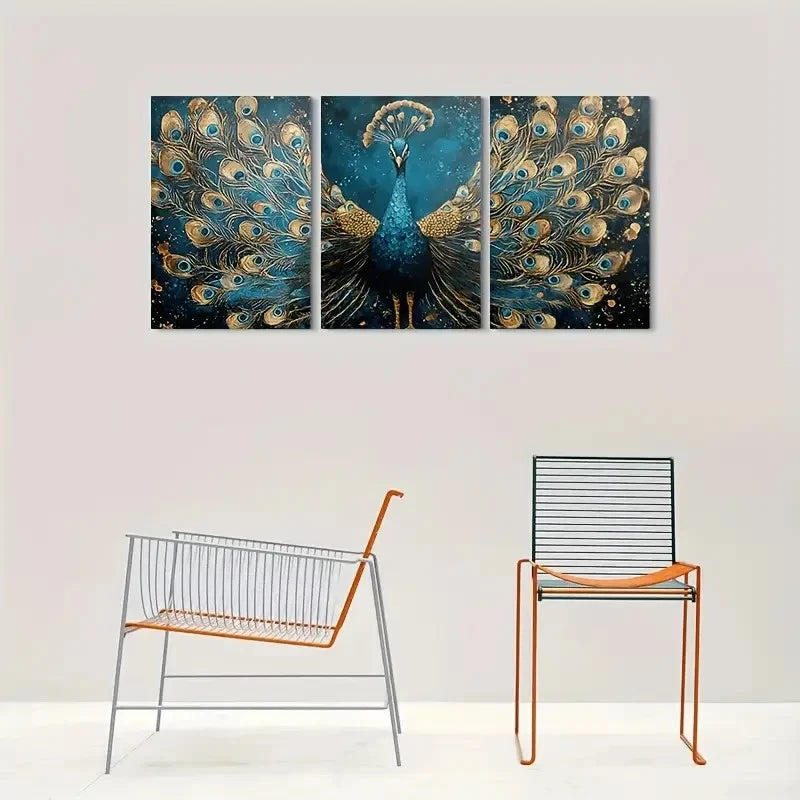 3pcs Blue and Golden Peacock Metal Print Ready to Hang Art - Bella Home Decor