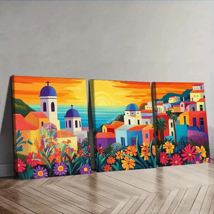 3pcs Greek island style town Wall Art Set Canvas Unframed - High Quality Print 100% Australian Made Wall Canvas