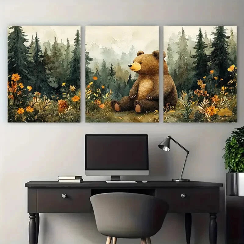 3pcs Whimsical Woodland Bear Forest Scene Metal Print Ready to Hang Art - Bella Home Decor