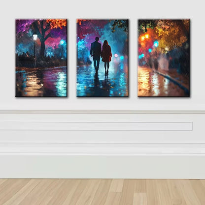 3pcs Lovers taking a walk in Vibrant Street Wall Art Set Canvas Framed 60x90cm - High Quality Print 100% Australian Made Wall Canvas Ready to Hang