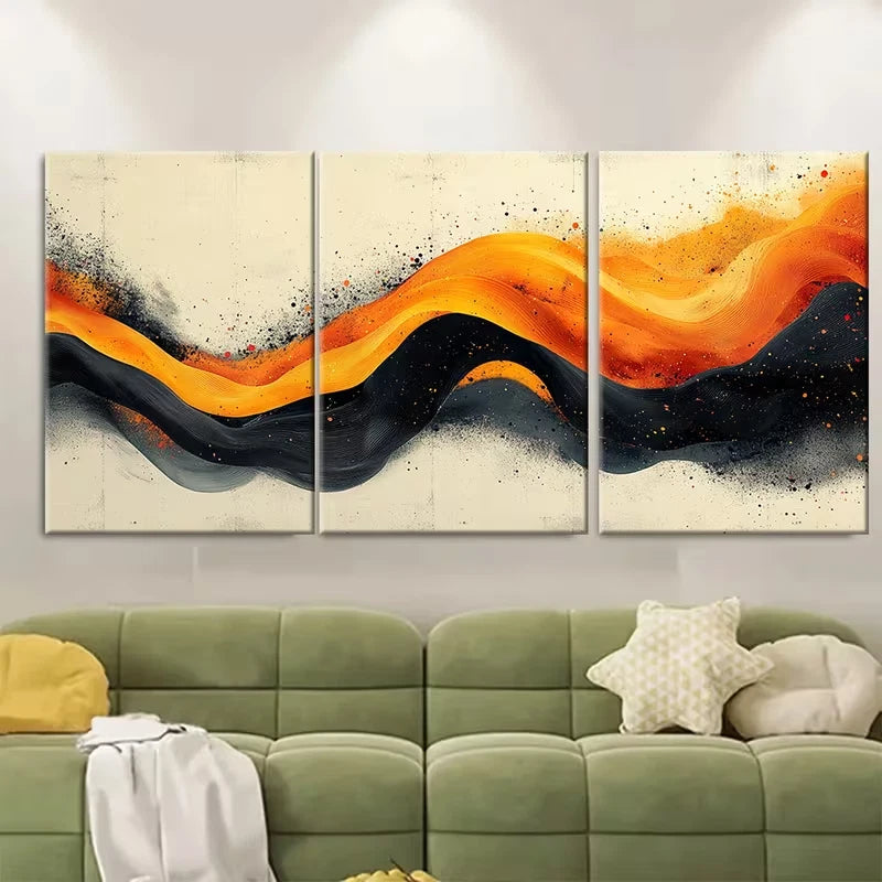 3pcs Vibrant Urban Abstract Wavy Orange Yellow Bla Metal Print Ready to Hang Art - Bella Home Decor