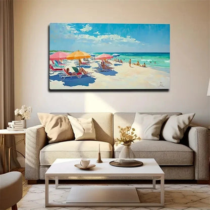 Vibrant Beach with Umbrellas Wall Art Canvas Office Home Room Framed 120x60cm
