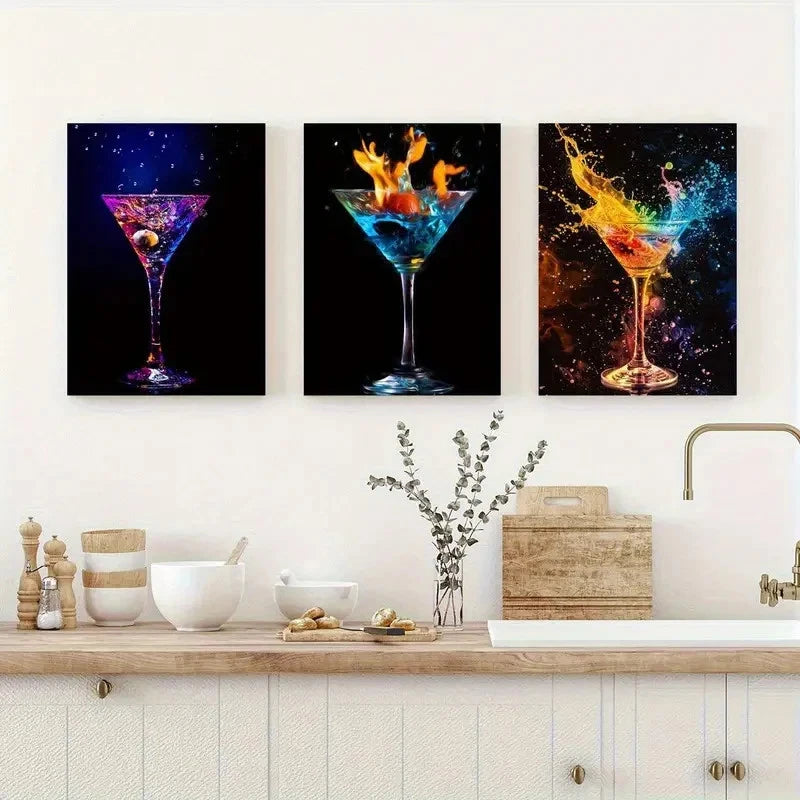 3pcs Abstract Flaming Martini Glass Metal Print Ready to Hang Art - Bella Home Decor