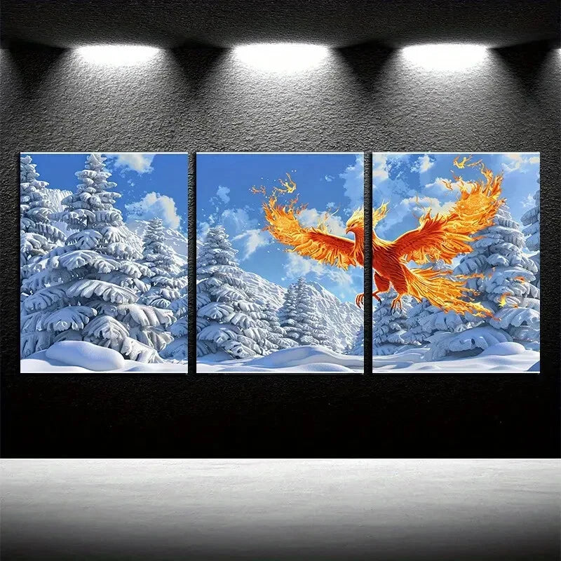 3pcs Vibrant Ice and Fire Phoenix Illustration Metal Print Ready to Hang Art - Bella Home Decor