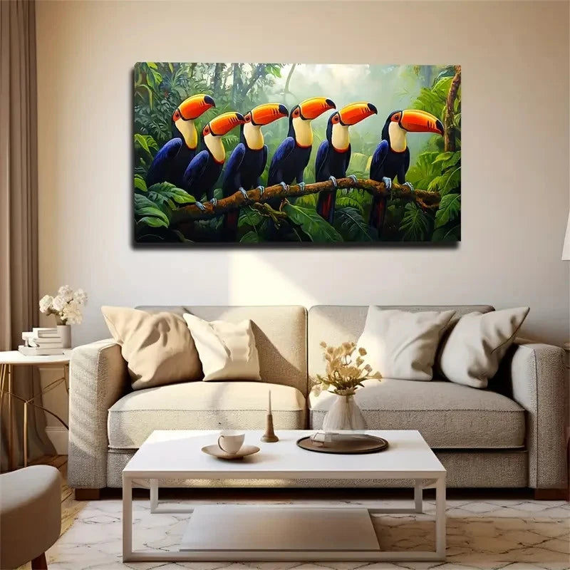 Colorful Jungle Scene Toucan Wall Art Canvas Office Home Room Framed 120x60cm